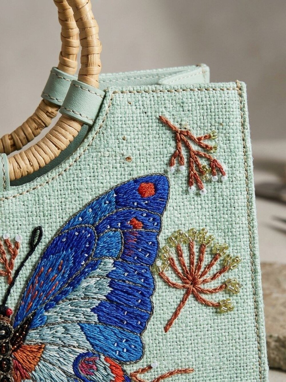 Embroidered Butterfly Mint Tote Bag with Bamboo Handles - Picture 4 of 5